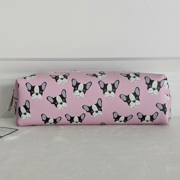 Boston Terrier Frenchie Small Cosmetic Pencil Case PVC Saffiano Pink NWT - Picture 2 of 14